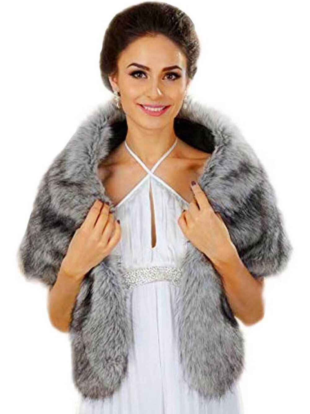 Women's Grey Faux Fur Shawl Rhinestones Brooch Stylish Wraps and Shawls